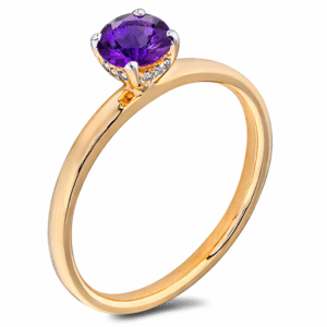Round Cut Amethyst and Canadian Diamond Hidden Halo Ring in Yellow Gold