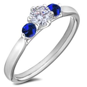Round Blue Sapphire and Canadian Diamond Trilogy Ring in 14K White Gold