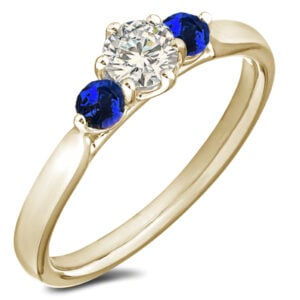 Canadian Diamond and Round Blue Sapphire Trilogy Ring in Yellow Gold