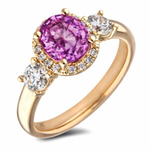 Pink Sapphire and Canadian Diamond Halo Ring in Yellow Gold