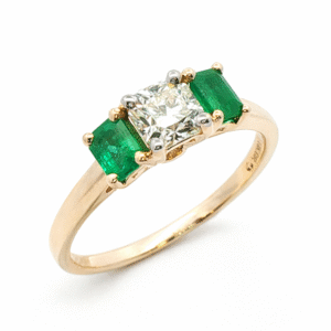 Diamond and Emerald Three Stone Ring in 14K Yellow Gold