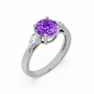 Round Shaped Amethyst and Canadian Diamond Ring in White Gold