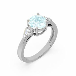 Round Shaped Aquamarine and Canadian Diamond Ring in White Gold