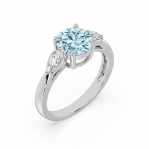Round Shaped Aquamarine and Canadian Diamond Ring in White Gold