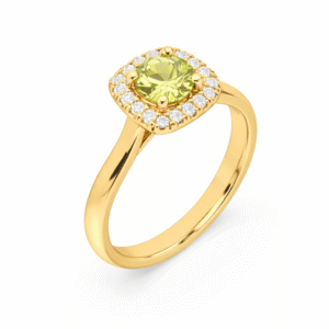 Green Sapphire and Canadian Diamond Halo Ring in Yellow Gold