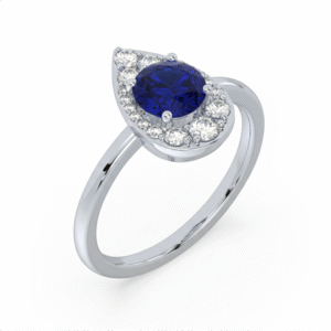 Canadian Diamond Pear Shaped Halo and Blue Sapphire Ring in White Gold
