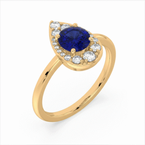 Canadian Diamond Pear Shaped Halo and Blue Sapphire Ring in Yellow Gold