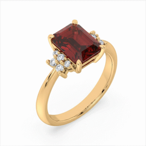 Emerald Cut Garnet and Canadian Diamond Accent Ring in Yellow Gold