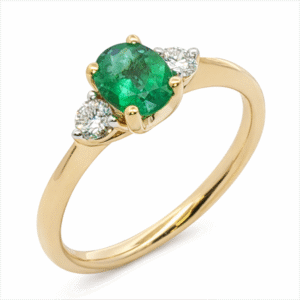 Brazilian Origin Emerald and Diamond Trilogy Style Ring in 18K Yellow Gold