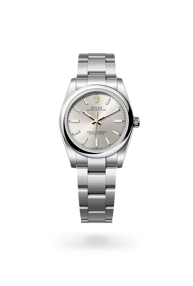 Rolex Oyster Perpetual in Oystersteel with Silver dial, Domed bezel, and Oyster, three-piece solid links bracelet