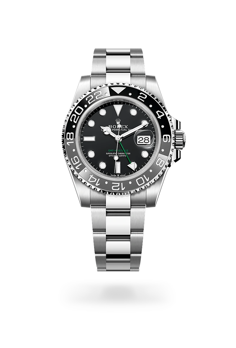 Rolex GMT-Master II in Oystersteel with Black dial, Bidirectional rotatable 24-hour graduated bezel. Two-colour grey and black Cerachrom insert in ceramic, moulded numerals and graduations bezel, and Oyster, three-piece solid links bracelet