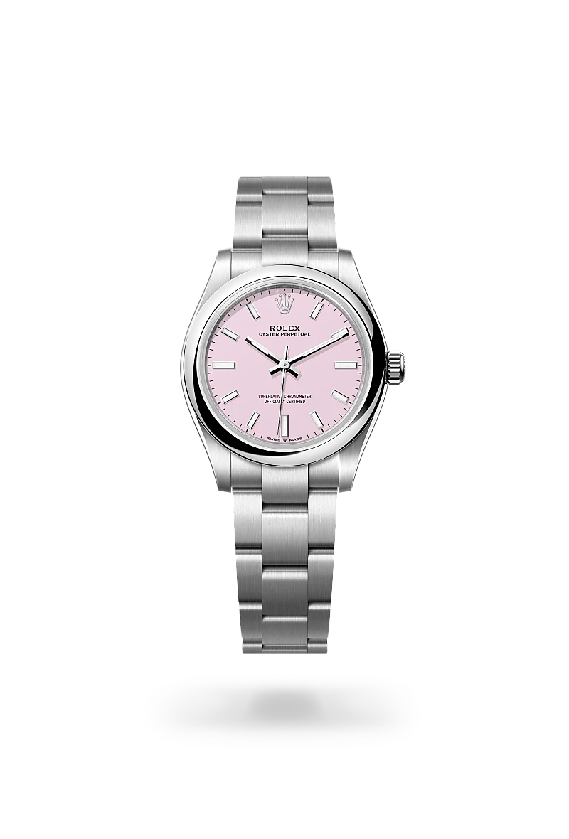 Rolex Oyster Perpetual in Oystersteel with Candy pink dial, Domed bezel, and Oyster, three-piece solid links bracelet