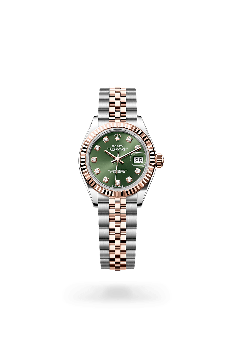Rolex Lady-Datejust in Everose Rolesor - combination of Oystersteel and Everose gold with Olive green set with diamonds dial, Fluted bezel, and Jubilee, five-piece links bracelet