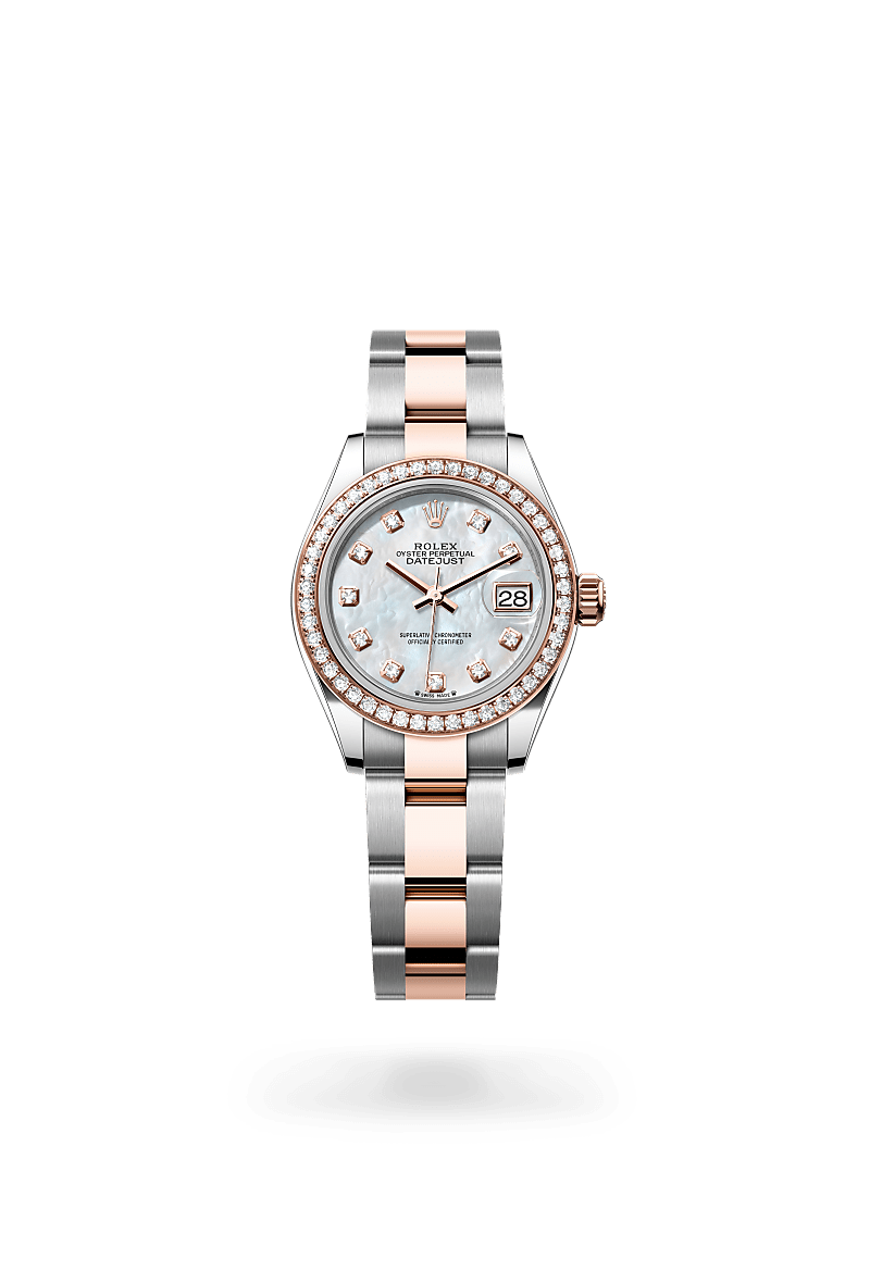 Rolex Lady-Datejust in Everose Rolesor - combination of Oystersteel and Everose gold with White mother-of-pearl set with diamonds dial, Set with diamonds bezel, and Oyster, three-piece solid links bracelet