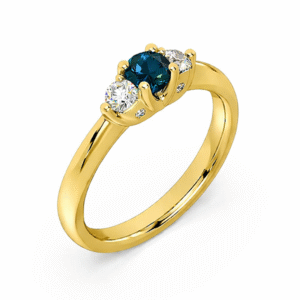 Blue Sapphire and Canadian Diamond Three Stone Ring With Hidden Details in Yellow Gold