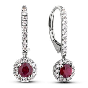 Ruby 0.57 Carat TW and Canadian Diamond Dangle Hoop Earrings in White Gold