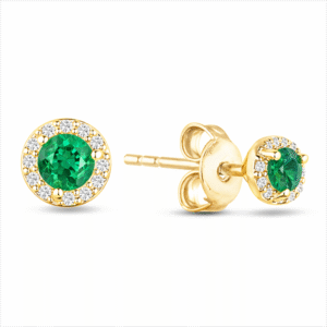 Emerald and Canadian Diamond Dainty Halo Stud Earrings in Yellow Gold