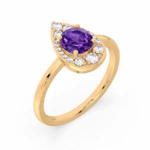 Canadian Diamond Pear Shaped Halo and Amethyst Ring in Yellow Gold