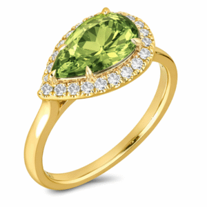 Peridot and Canadian Diamond East West Halo Ring in Yellow Gold