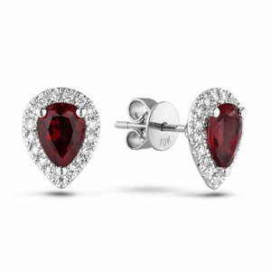 Pear Shape Garnet And Canadian Diamond Halo Stud Earrings in White Gold
