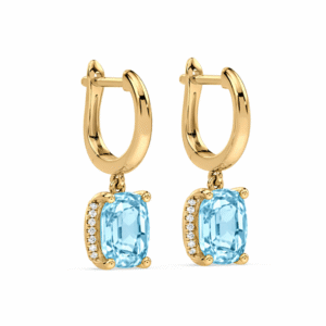 Cushion Cut Aquamarine and Canadian Diamond Halo Dangle Earrings in Yellow Gold