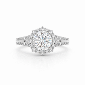 De Beers Forevermark Diamond Floral Halo Engagement Ring with Pave Shank in 18K White Gold 1.40 Carat TW
