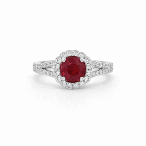 Thailand Origin 1.12 Carat Ruby & Diamond Floral Halo Ring in 18K White Gold