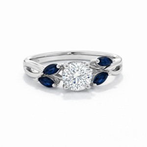 Canadian Diamond Ring with Marquise Blue Sapphire Accents in White Gold
