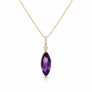 Canadian Diamond and Marquise Shaped Purple Amethyst Drop Pendant in Yellow Gold