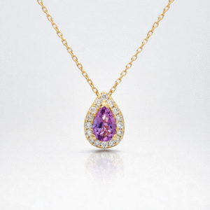 Canadian Diamond Halo and Pear Shaped Amethyst Pendant in Yellow Gold