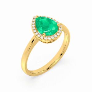 Canadian Diamond and Pear Shaped Emerald Halo Ring in Yellow Gold