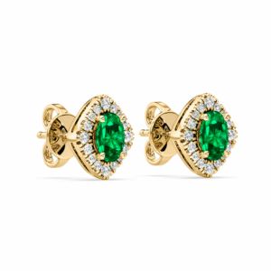 Emerald 0.80 Carat TW and Canadian Diamonds Rhombus Halo Stud Earrings in Yellow Gold