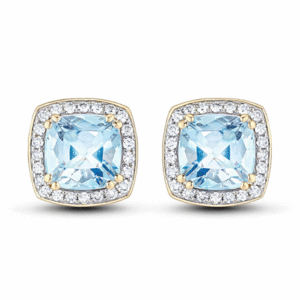 Cushion Cut Aquamarine and Canadian Diamond Stud Earrings in Yellow Gold