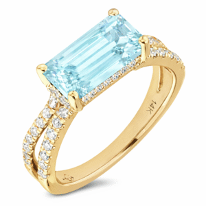 East West Emerald Cut 2.70 Carat Aquamarine Ring with Canadian Diamond Accents in 14K Yellow Gold