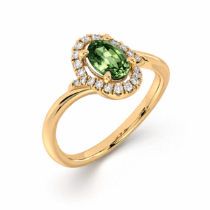 Oval Shaped Green Sapphire and Canadian Diamond Halo Ring in Yellow Gold