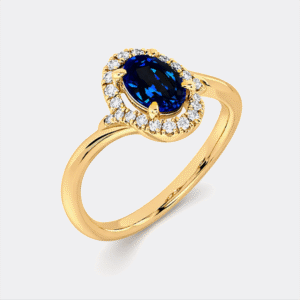 Oval Blue Sapphire and Canadian Diamond Halo Ring in Yellow Gold
