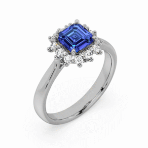 Ascher Cut Blue Sapphire and Diamond Halo Ring in 18K White Gold
