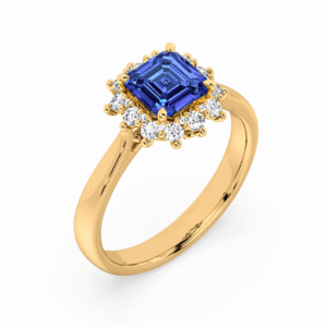 Ascher Cut Blue Sapphire and Diamond Halo Ring in 18K Yellow Gold