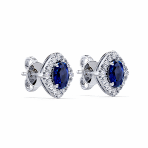 Blue Sapphire and Canadian Diamonds Rhombus Halo Stud Earrings in White Gold