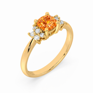 Ceylon Origin Padparadscha Color Sapphire and Canadian Diamond Floral Cluster Ring in Yellow Gold