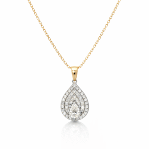 Canadian Diamond Pear Shaped Halo Pendant in White and Yellow Gold