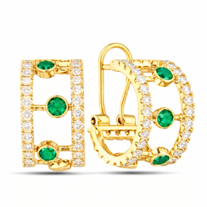 Brazilian Origin Emerald and Diamond Hoop Earrings in 18K Yellow Gold