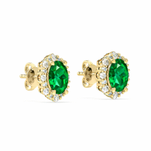 Vintage Inspired Brazilian Origin Emerald and Diamond Halo Stud Earrings in 14K Yellow Gold