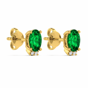 Oval Shaped Emerald and Canadian Diamond Stud Earrings in Yellow Gold