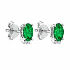 Oval Shaped Emerald and Canadian Diamond Stud Earrings in White Gold