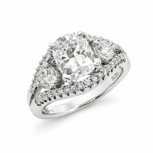 Cushion Brilliant Cut Polar Bear Diamond Three Stone Ring with Pave Detail in 18K White Gold 2.76 Carat TW