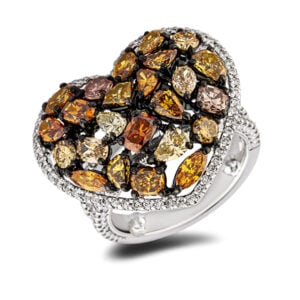 Fancy Desert Diamond Heart Shaped Mosaic Ring in 18K White Gold