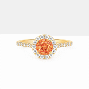 Padparadcha Color Orange Sapphire and De Beers Forevermark Diamond Classic Halo Ring in 14K Yellow Gold