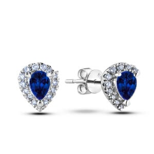 Blue Sapphire and Diamond Halo Stud Earrings In 18K White Gold