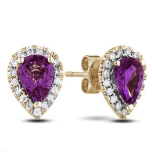 Amethyst and Canadian Diamond Halo Stud Earrings in Yellow Gold